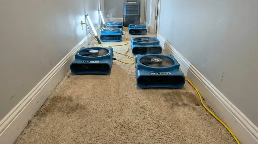 Air movers drying a wet carpeted hallway during a water damage dry-out