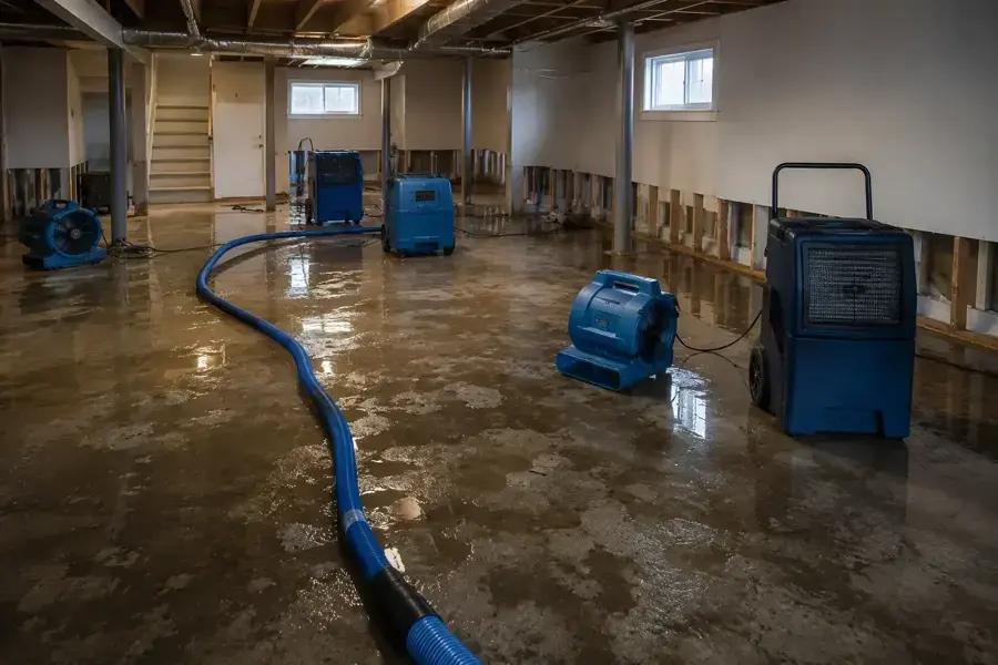 Flooded basement with an extraction hose, air movers and a dehumidifier running