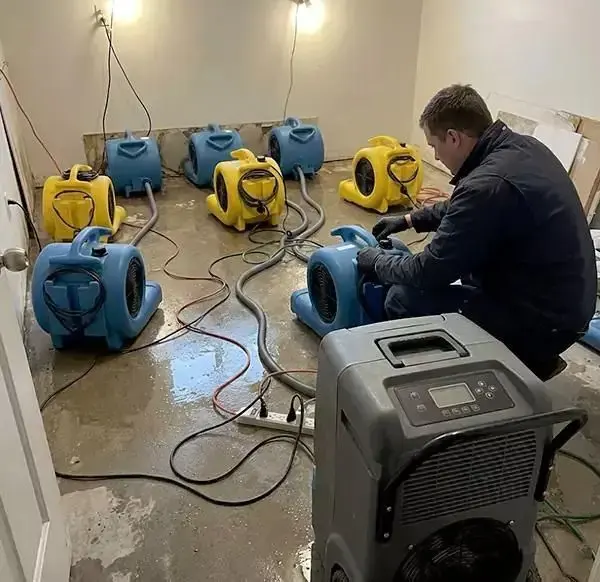 Restoration tech setting air movers and a dehumidifier on a wet floor