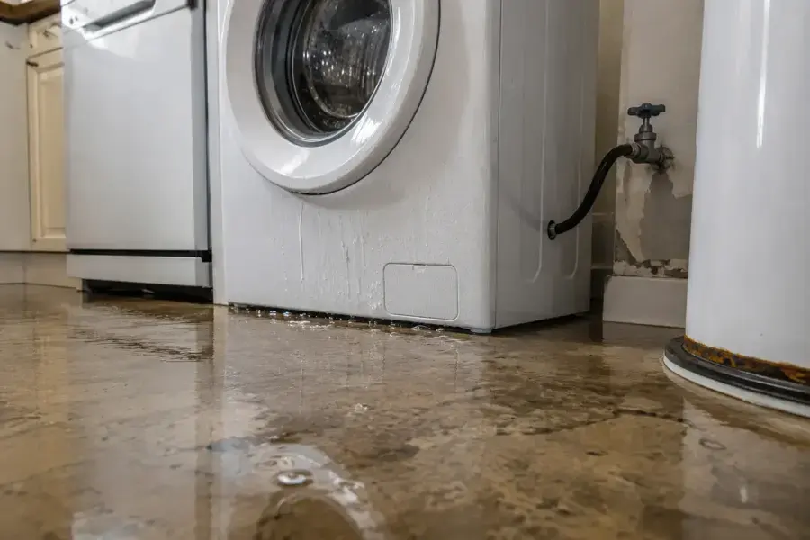 Water pooled on a laundry room floor from a leaking washing machine supply line