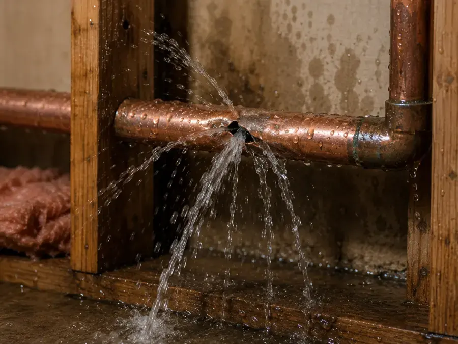 Burst copper supply pipe spraying water inside an open wall