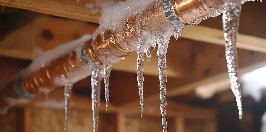 Frozen copper pipe with icicles under basement joists during a cold snap