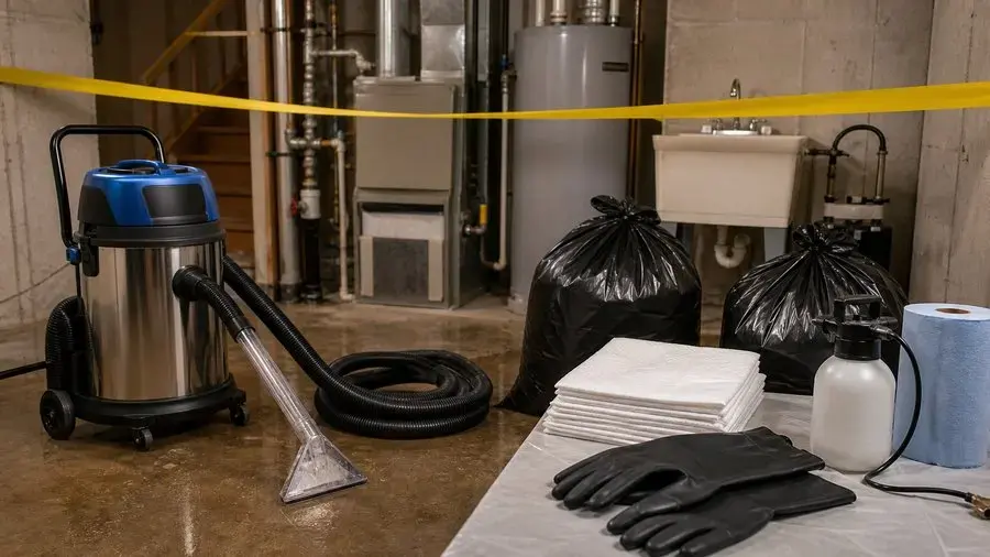 Sewage backup cleanup setup in a basement with caution tape, wet vac and protective gloves