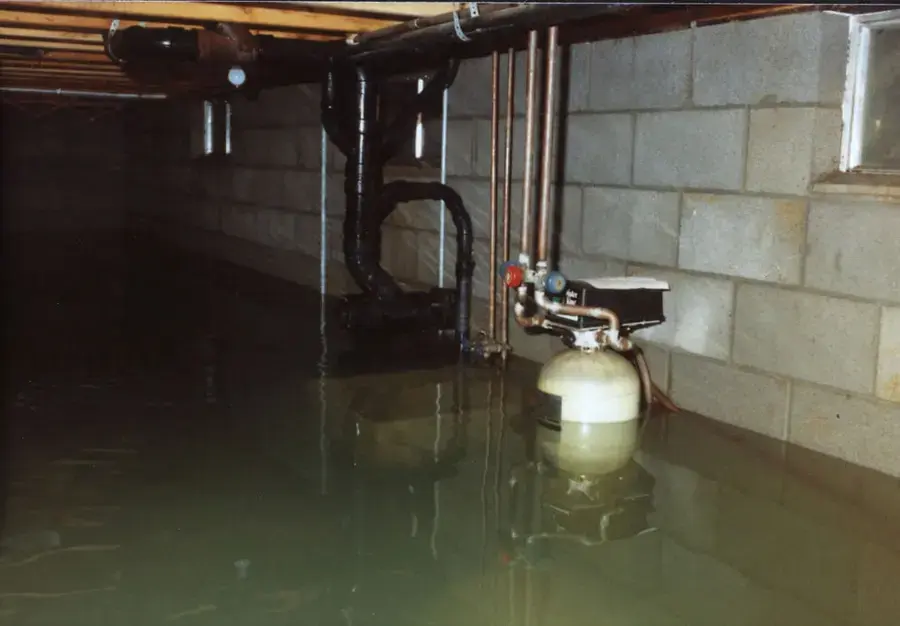 Flooded basement with block walls after a sump pump failure